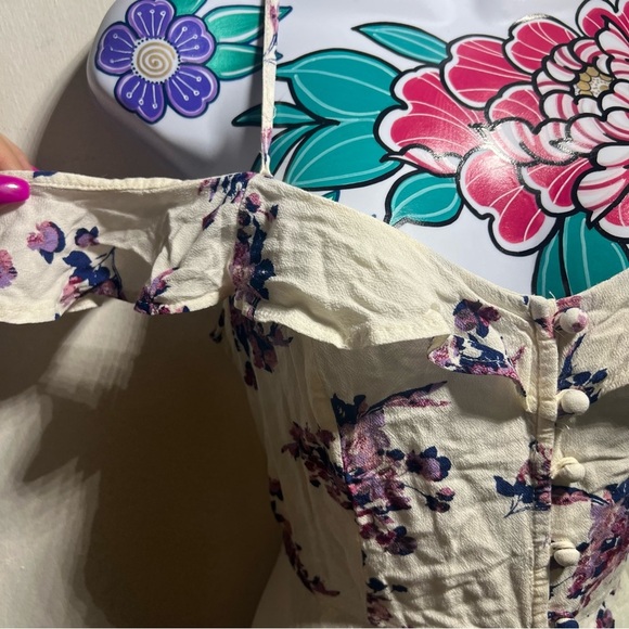 White Off Shoulder Purple Blue Floral Button Front Dress - Picture 2 of 5